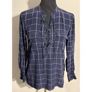Madewell Shirt Womens XS Navy Windowpane Silk Lace-Up‎ Long Sleeve Blouse Top